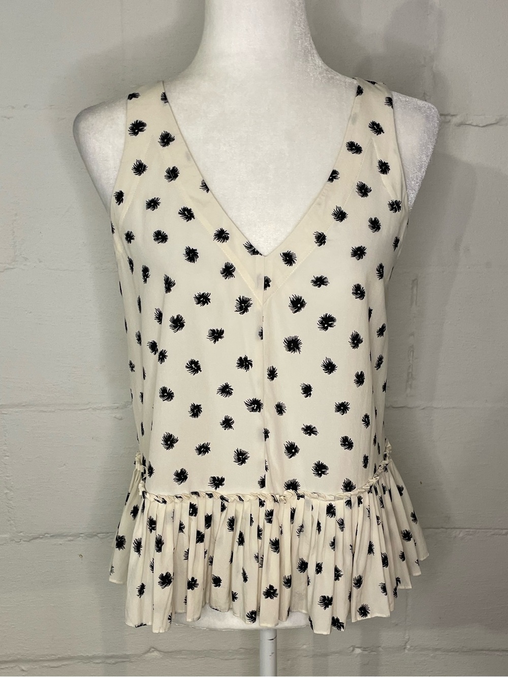 Rebecca Taylor Cream V-Neck Ruffle-Hem Camisole with Black Floral Dots